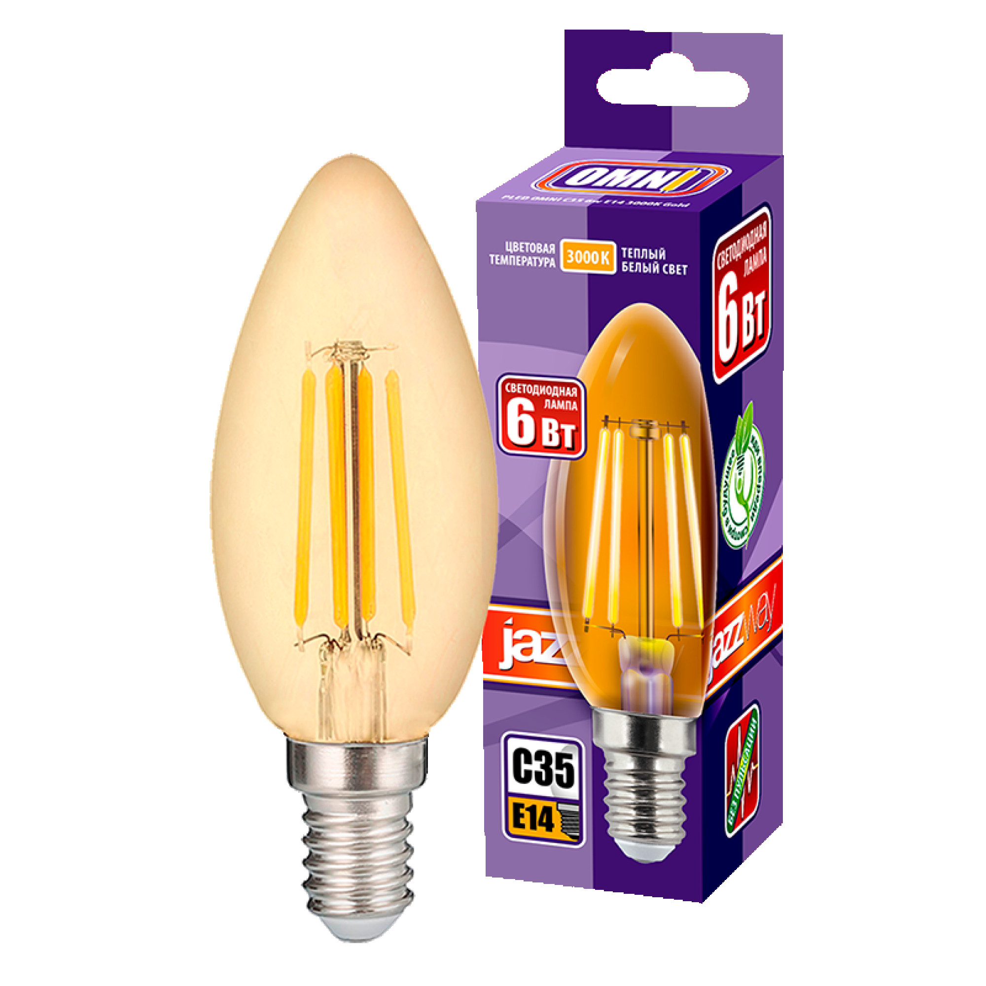 Лампа светодиодная декоративная PLED OMNI C35 6w E14 3000K Gold