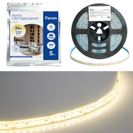 Лента светодиодная 180SMD(2835)/м 16Вт/м 24V 5000*10*2.3мм 3000К IP65, LS512 FERON