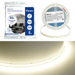 Лента светодиодная, 240 SMD2835 22Вт/м 24V 5000*10*1.22мм 4000К, IP20, LS503 Feron